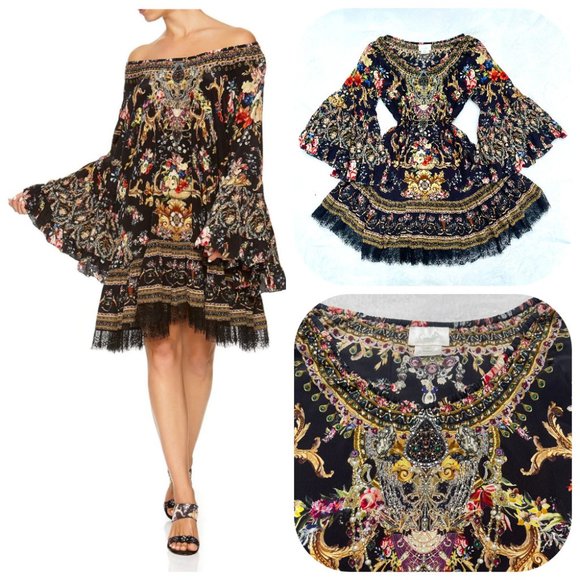 Auc Camilla Crystals embellished A line frill dress Friend in flora $800